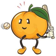 vector illustration of a cute mandarin orange character mascot ready to hit a baseball with a bat, work of handmade