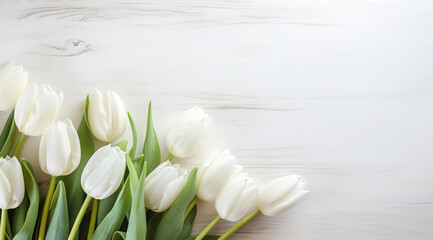 bouquet of white tulips on wooden background, flower wallpaper, floral background