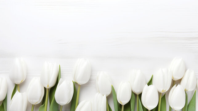 bouquet of white tulips on wooden background, flower wallpaper, floral background