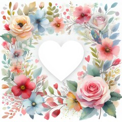 Watercolor floral greeting card with heart and place for your text.