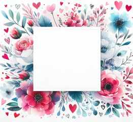 Valentine's day greeting card with watercolor flowers and hearts