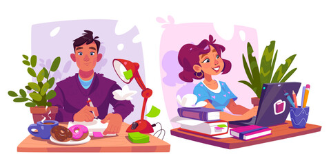 Book writer cartoon concept - man and woman sit at desk with laptop and papers and create book or media article. Vector set of male and female literature author or journalist during work process.