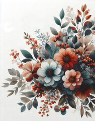 Floral bouquet on white paper background, vintage toned picture.