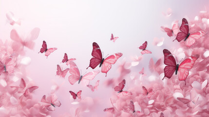 Blossoming sakura flowers and flying butterfly against beautiful background macro in wildlife, soft focus. Elegant artistic image nature scene beauty of environment. Generative AI