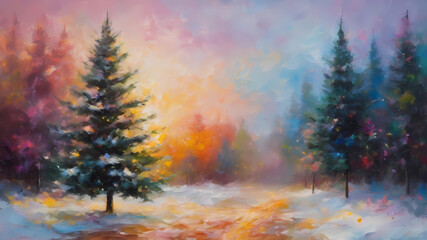 Obraz na płótnie Canvas Abstract oil painting of Christmas tree, pastel colors splash