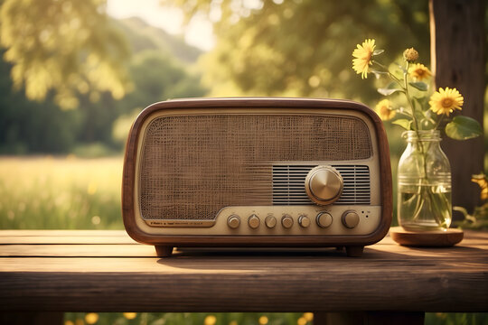 A radio on a table with a countryside background