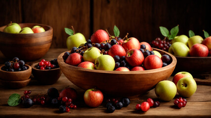 healthy organic food, diet, AI generated, bowl with blueberries, apples, plums, cherries, pears
