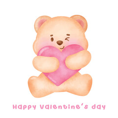 Hand painted watercolor  teddy bear for Valentine's day card or romantic post cards.