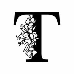 Floral letter T. Flower Alphabet. Floral monogram.