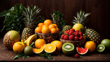 Naklejka na ściany i meble healthy organic food, diet, fruits generated by AI, delicious oranges, lime, pineapple, kiwi
