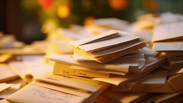 Closeup of a stack of envelopes, each filled with handwritten letters of support for those facing difficult times.