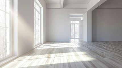 A room with a wooden floor and a large window. This asset is suitable for interior design, architecture, real estate, and home renovation concepts. Empty room in a bright clean interior ,
