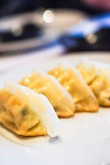Gyoza dumplings on a white plate, shallow depth of field.