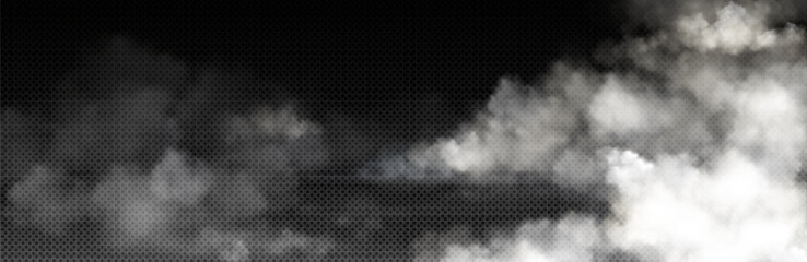 White smoke cloud with overlay effect on transparent background. Realistic border with fog. Vector illustration of smoky mist or toxic vapor on floor. Meteorological phenomenon or condensation.