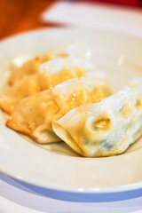 Close-up of steamed dumplings on a white plate.