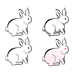 ウサギの和風ベクターイラストセット（線画、影付き、白黒、グラデーション）。