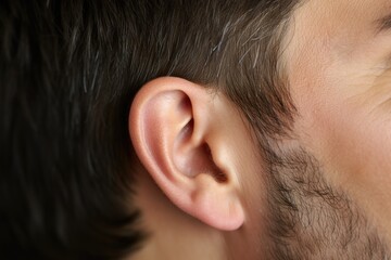 Closeup men ear and details of human the ear. International Day for Ear and Hearing.Hearing problems and diseases. Educational content about physiology human ear - obrazy, fototapety, plakaty