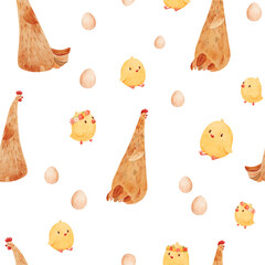 seamless pattern featuring a chicken, chicks, and chicken eggs. watercolor for children's products, such as clothing, bedding, or wallpaper, as well as farm-themed projects. stationery, packaging
