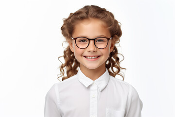 Obraz premium Schoolgirl in glasses, smiling, looking at camera, isolated on the white background, studio shot.