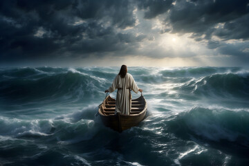 Jesus walks on water and calms the stormy sea as in bible - obrazy, fototapety, plakaty