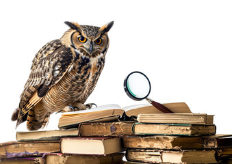 Owl Perched on Stack of Books - Wisdom Meets Knowledge