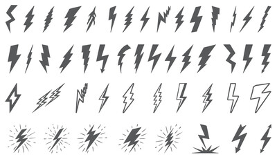 thunders glyph set. lightning monochromatic style collection. electric icons bundle - obrazy, fototapety, plakaty