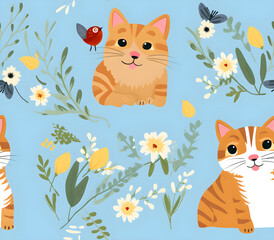 Obraz premium seamless pattern with cats and dogs and flowers