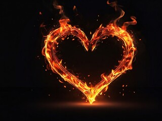 Corazón formado por llamas sobre fondo negro - obrazy, fototapety, plakaty
