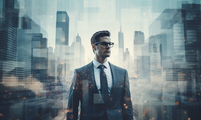 Fototapeta premium Business person in the city, Double exposure