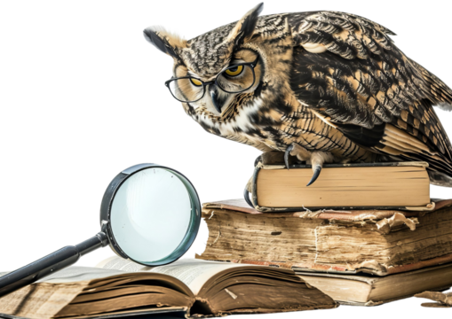 Owl Perched on Book Stack With Magnifying Glass