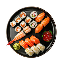 Plate of Sushi isolated on white background, top view
