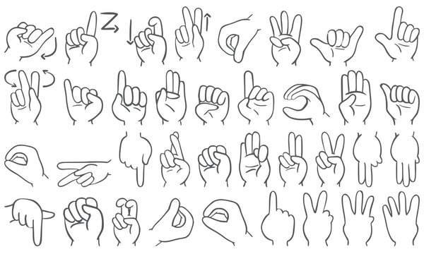 Palm and fingers sign language outline. sign language glyph collection