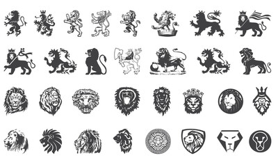 Lion glyph set. Lion head monochromatic style collection. Lion icons bundle