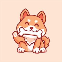 Cute shiba inu bite bone cartoon illustration animal
