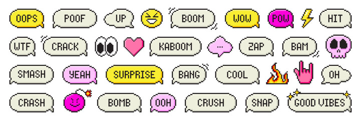 Set of pixel art speech bubbles. Retro game style dialogue box and icons. Modern vector illustration.