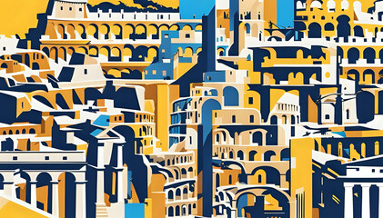 City, digital painting in yellow and cyan dominant