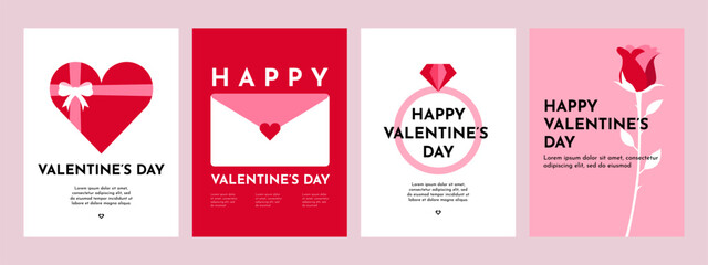 Poster of Valentine's Day. A set of flat vector illustrations. February 14. Minimalist, geometric, background pattern, icon. Perfect for poster, media banner, cover or postcard. - obrazy, fototapety, plakaty
