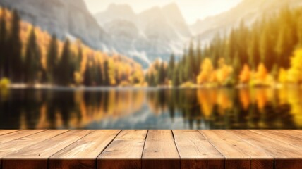 The empty wooden table top with blur background of lake and mountain in autumn. Exuberant image....