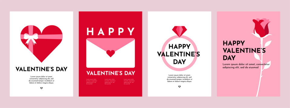 Poster of Valentine's Day. A set of flat vector illustrations. February 14. Minimalist, geometric, background pattern, icon. Perfect for poster, media banner, cover or postcard.