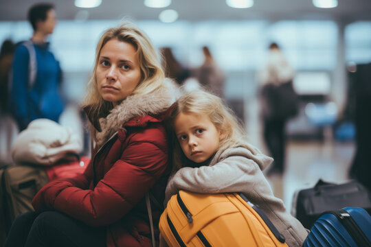 Cute little girl and mother with suitcases sitting in airport. Tired family waiting for delayed flight