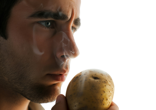 Man Holding Fruit in Front of Face, Healthy Eating Concept Photo