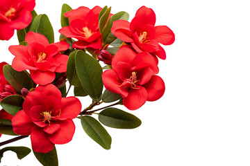 Top side closeup macro view of red flowers with leaves, on a white isolated background
