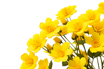 Top side closeup macro view of yellow flowers with leaves, on a white isolated background PNG