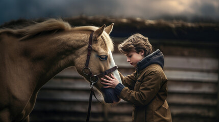 Obraz premium Amidst nature's beauty, a young and stunning boy shares an affectionate moment, embracing a horse
