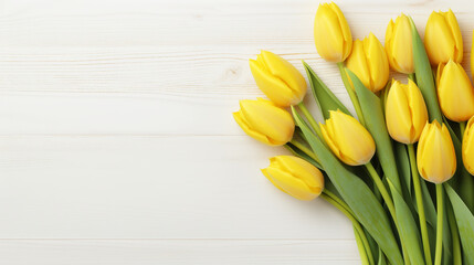 bouquet of yellow tulips on a wooden table,  flower wallpaper, floral background