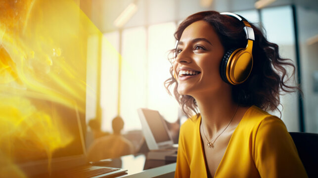 A Youthful And Approachable Female Operator Wearing A Headset, Diligently Working In A Call Center