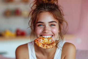 Happy teenager enjoys eating delicious slice of pizza , snack with fastfood in lunch