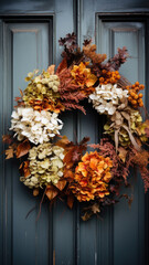 Fototapeta na wymiar A colorful dried hydrangea wreath adorning a dark door