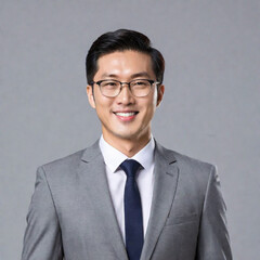 Half-length photo of a handsome and successful Asian man, confident and elegant, wearing a suit against the background of modern architecture
