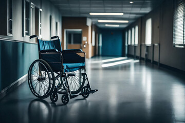 Fototapeta na wymiar empty corridor of an hospital or care center with an empty wheelchair